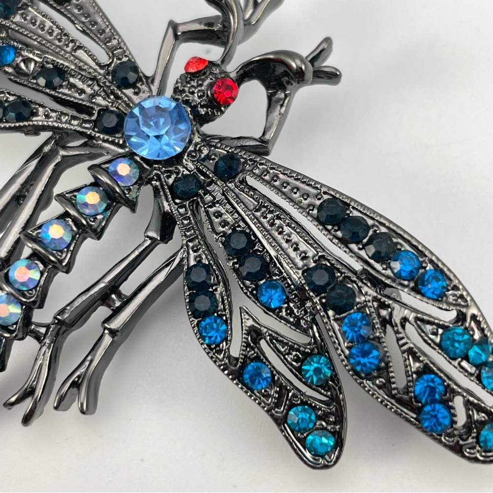 Blue Crystal Dragonfly Brooch Gunmetal Black Sparkle Insect Pin Vintage Style - Picture 3 of 6